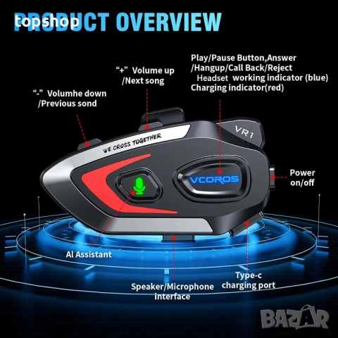 Bluetooth Слушалки за Каска VCOROS VR1 – 25ч. Батерия, IPX6, AI Voice, снимка 4 - Аксесоари и консумативи - 53251822