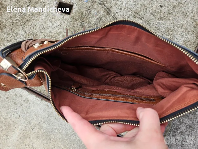 Кожена Чанта с ресни кафява голяма с цип и малък заден джоб бохо стил, снимка 3 - Чанти - 48674447