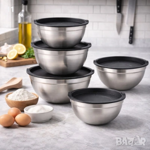 Комплект купи от неръждаема стомана 18/10 с капаци – 10 части, матово покритие