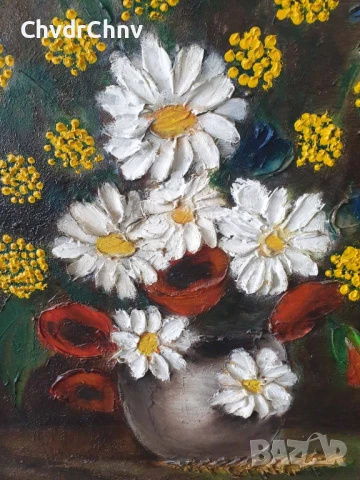70х60см/голяма стара картина масло върху платно/натюрморт ваза с цветя/маргаритки/дървена рамка, снимка 3 - Картини - 51357434