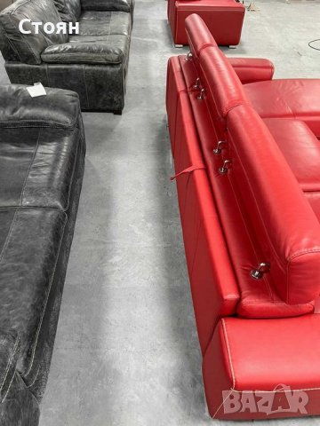 Червен кожен ъглов диван с функция легло и ракла, снимка 5 - Дивани и мека мебел - 39719355