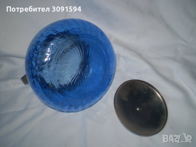 Ретро Бонбониера Синьо стъкло метален капак с дръжка, снимка 4 - Други ценни предмети - 39367235