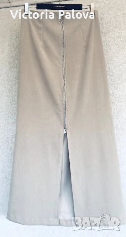 Стилна дълга бежова пола с цип отпред, снимка 3 - Поли - 52019500