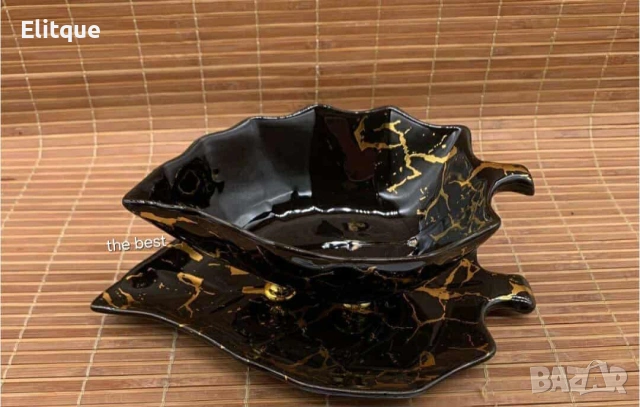 Сервиз керамична чиния и купичка във формата на листо, снимка 2 - Сервизи - 53376088