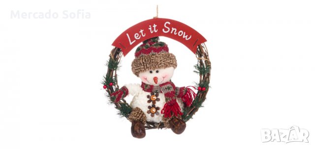 Коледен декоративен дървен венец, Снежен човек с Шал червено каре, снимка 1 - Декорация за дома - 34740537
