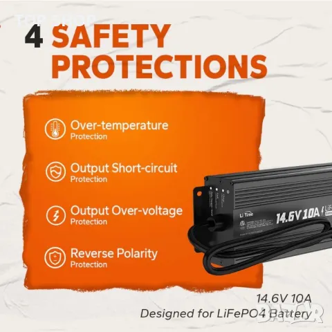 LiTime 12V (14.6V) 10A Зарядно устройство за 12 V литиева батерия IP67 Водоустойчива, снимка 3 - Друга електроника - 48762258