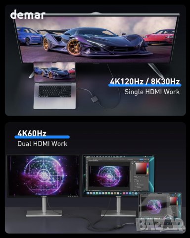 2 в 1 Адаптер USB C към двоен HDMI , снимка 3 - Кабели и адаптери - 43134018