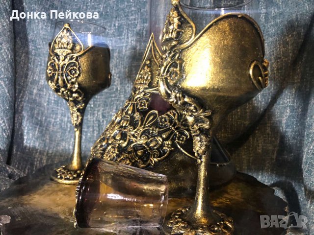 РЪЧНО ИЗРАБОТЕН СЕТ ОТ 3 ЧАСТИ ДЕКАНТЕР И  2 ЧАШИ, снимка 10 - Декорация за дома - 36221262