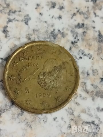 Монета Espana 20 Euro Cent 1999 Servantes. Испания 20 евро цента 1999 Сервантес