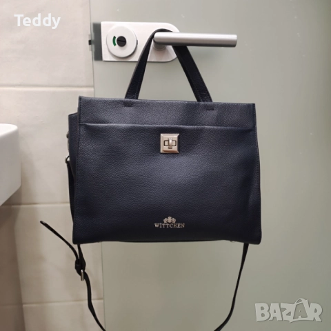 Маркова синя кожена чанта Wittchen, естествена кожа, снимка 2 - Чанти - 52654798