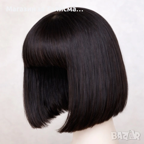 Естествена перука коса 25,4 см дължина черна с бретон 150% плътност, снимка 2 - Аксесоари за коса - 53539993