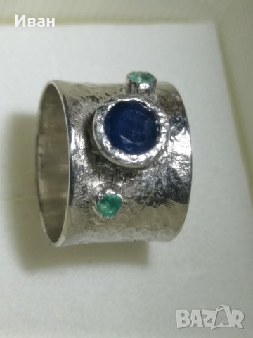 Пръстен сребро, Сапфир, Смарагди, снимка 1 - Пръстени - 40386996