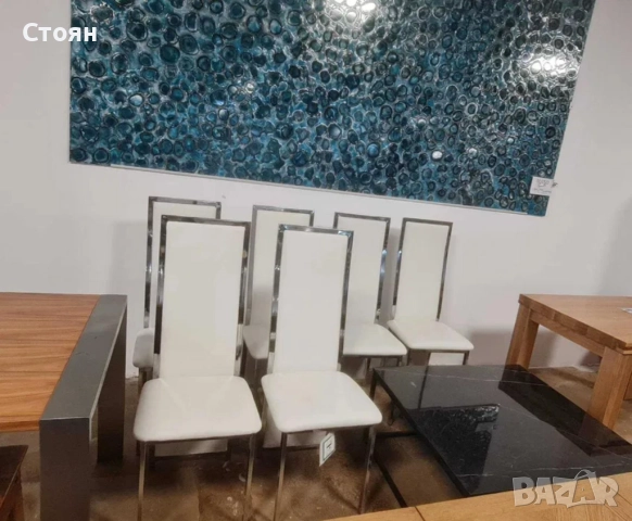 Бели кожени трапезни столове - 6 броя, снимка 5 - Столове - 52826330
