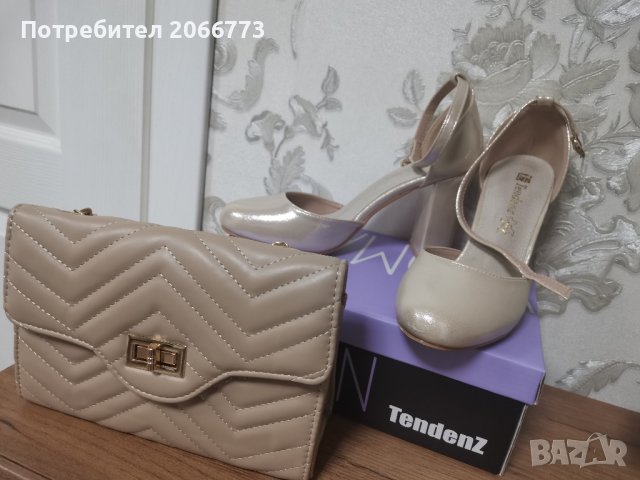 Бежови обувки и чанта Tendenz, снимка 1 - Дамски обувки на ток - 43328980