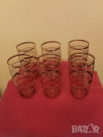 Винтидж сервиз 6 чаши и кана, цветно стъкло със златни линии. , снимка 5 - Чаши - 43525177