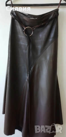 Много красива дълга кафява кожена пола с колан, номер 38, размер S-M