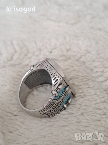 Мъжки пръстен от неръждаема стомана със синтетичен тюркоаз и орнаменти, снимка 5 - Пръстени - 53509601
