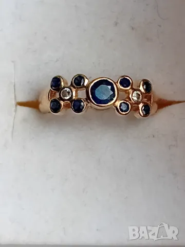 Златен пръстен с естествени сапфири, снимка 2 - Пръстени - 49783974