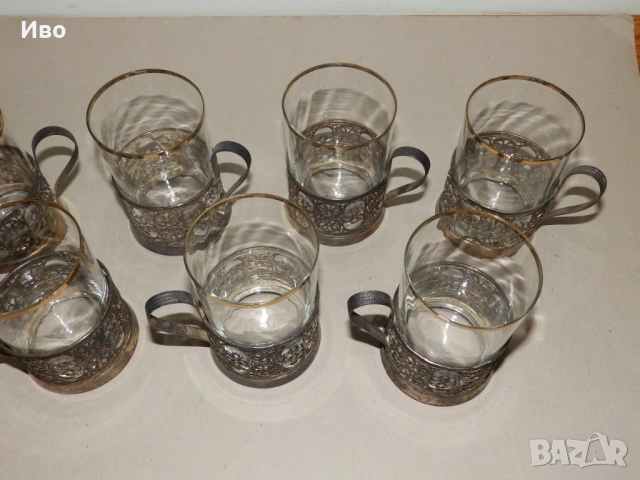 Руски посребрени подстакани филигран с оригинални чаши, снимка 4 - Антикварни и старинни предмети - 52533769