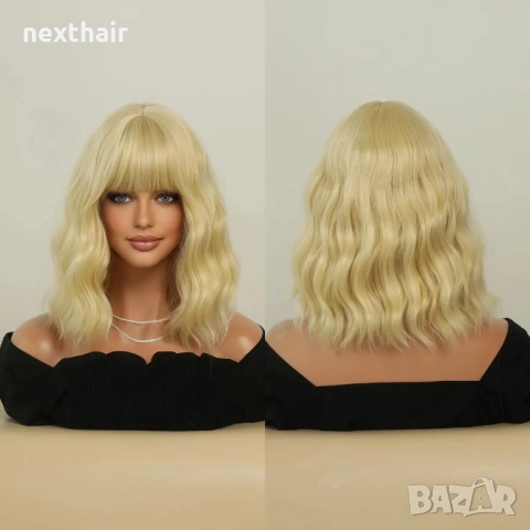 Златисто руса вълнообразна перука с бретон - 40 см, снимка 2 - Аксесоари за коса - 52968609
