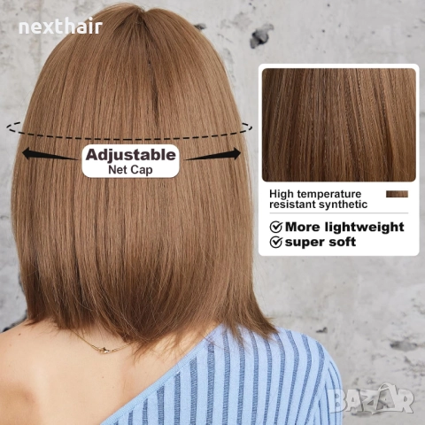 Кафява права синтетична перука с бретон - 35 см, естествен вид и лека структура, снимка 3 - Аксесоари за коса - 52971215