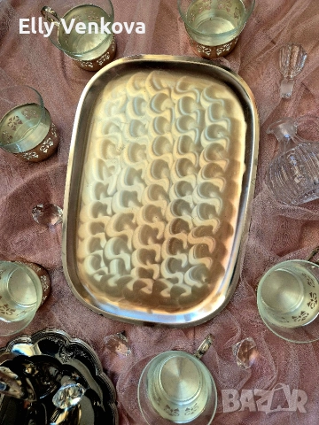 Посребрен поднос с шест стъклени чаши с посребрени подстакани, снимка 4 - Сервизи - 52888191