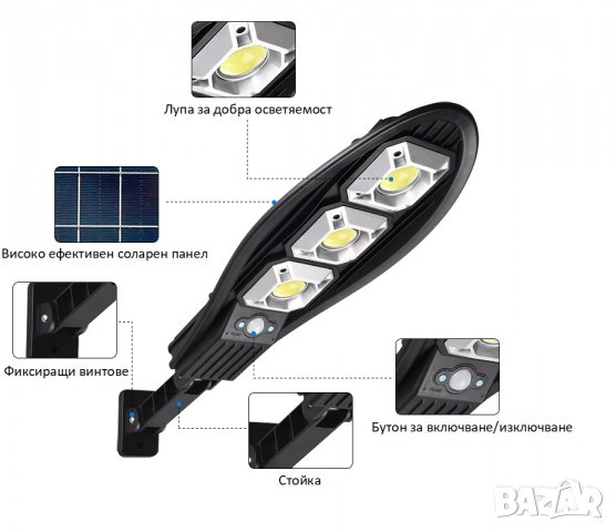 Водоустойчава соларна улична COB LED лампа с три лупи LL-63T, снимка 1 - Соларни лампи - 36685568