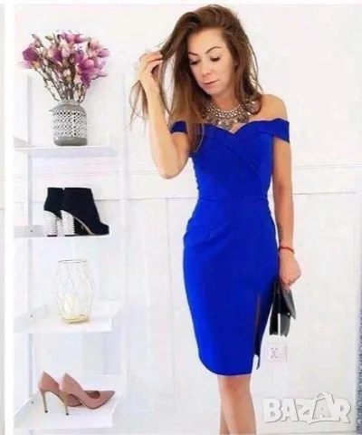 Официална синя рокля с паднали рамена