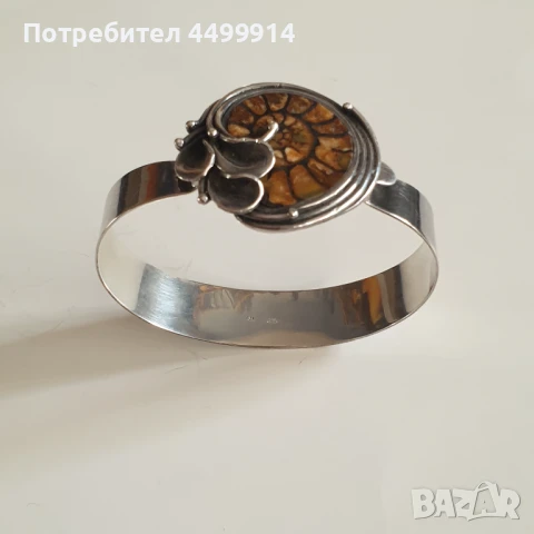 Стара сребърна гривна с Амонит, снимка 4 - Гривни - 50656338