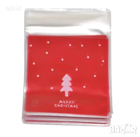 50 бр Елха червени Коледни опаковъчни пликчета торбички за дребни сладки или подаръци 