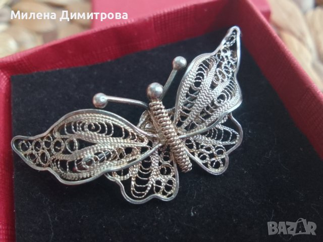 Сребърна брошка Пеперуда от филигран, снимка 6 - Колиета, медальони, синджири - 43620877