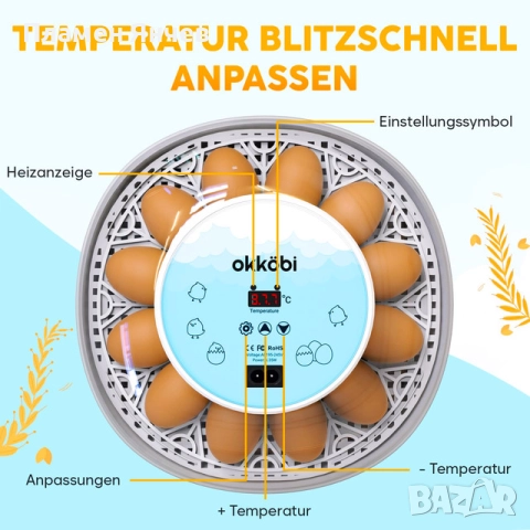 M12 напълно автоматичен инкубатор с контрол на температурата и влажността – прозрачен 360° капак, снимка 4 - За птици - 52827805