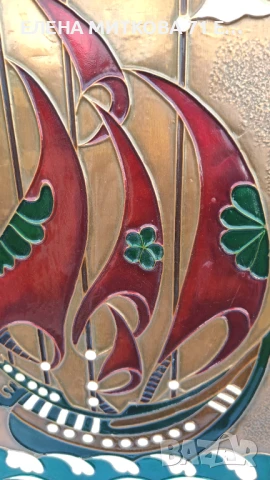 Голяма цветна медна пластика върху дървена основа, снимка 4 - Антикварни и старинни предмети - 50635360