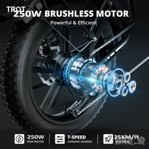 E20 Електрически Велосипед - 48V 15Ah с 250W Безчетков мотор, развиващ до 50 км/ч и до 150 кг, снимка 9 - Велосипеди - 52328636