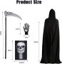 Костюм на Grim Reaper Хелоуин 4 части, черно наметало с маска на черепа, коса, скелетни ръкавици, снимка 2