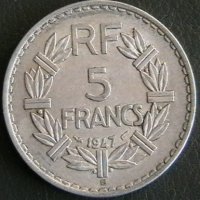 5 франка 1947 В, Франция, снимка 1 - Нумизматика и бонистика - 28434042