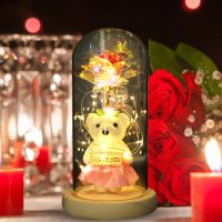 Вечна роза в стъкленица с мече с поличка и лед светлина подарък за Свети Валентин, снимка 2 - Подаръци за жени - 44083770