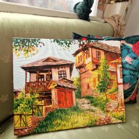 Прекрасна Картина с Пейзаж от Български Етно Къщи / Домашен Уют в Цветове !, снимка 1 - Картини - 43167113