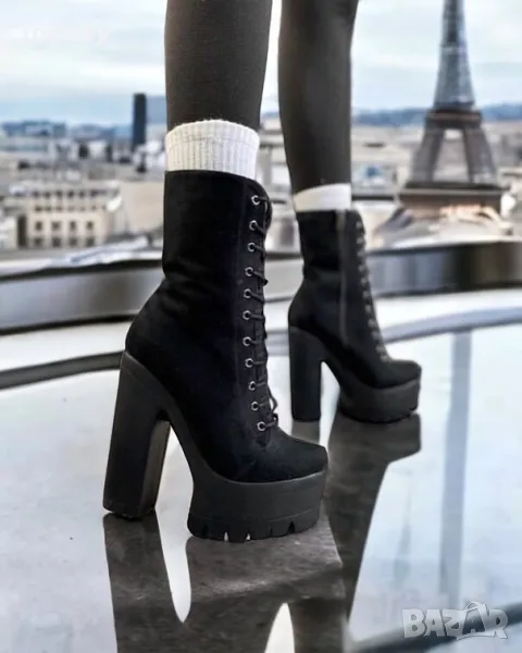 Боти на ток - черен велур с черно ходило , снимка 1