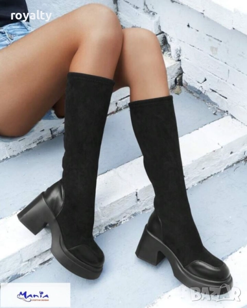 ЕЛЕГАНТНИ ДАМСКИ БОТУШИ с ликра в черно, снимка 1