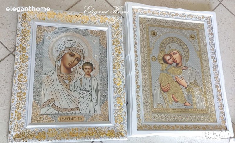 Икона "Света Казанска Богородица" с бяла рамка със златни орнаменти и стъкло, снимка 1
