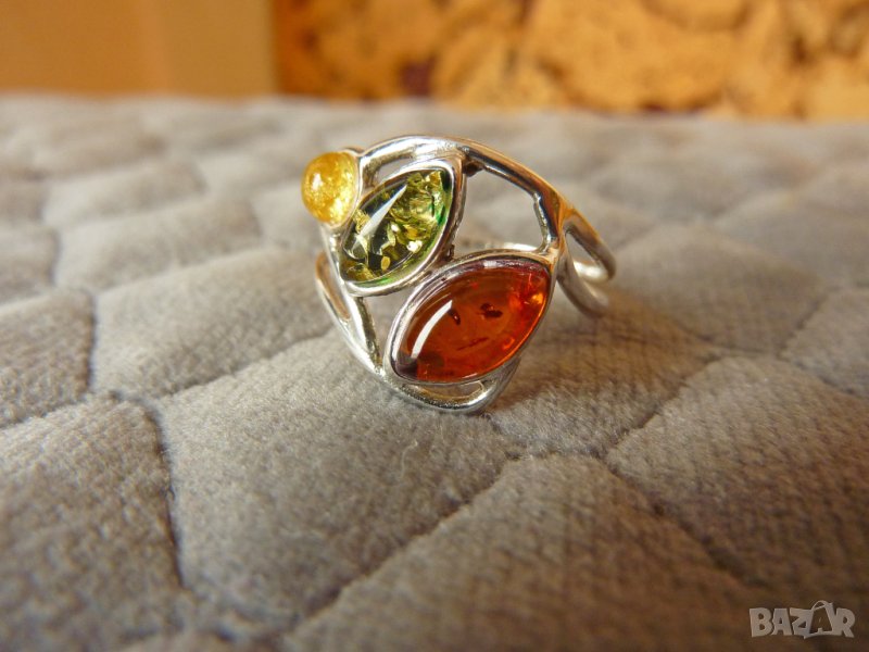 Сребърни пръстени с балтийски кехлибар. 3 камъка халка, снимка 1