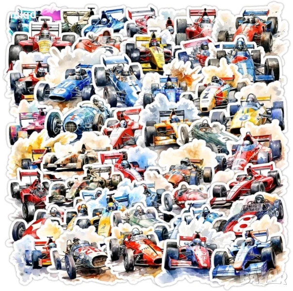 50 бр Рали Формула Автомобил кола самозалепващи лепенки стикери за украса декор картонена торта и др, снимка 1