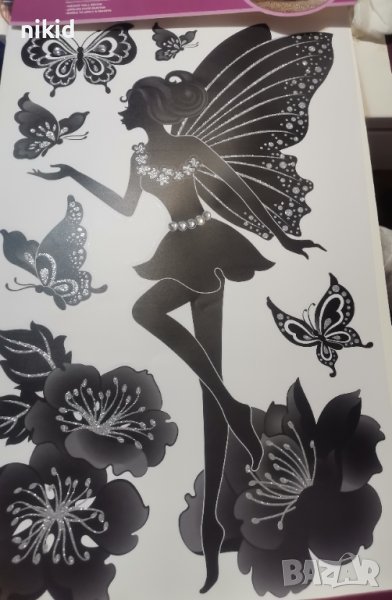 Момиче фея пеперуда в черно с камъчета стикер лепенка за стена мебел детска стая декор самозалепващ, снимка 1