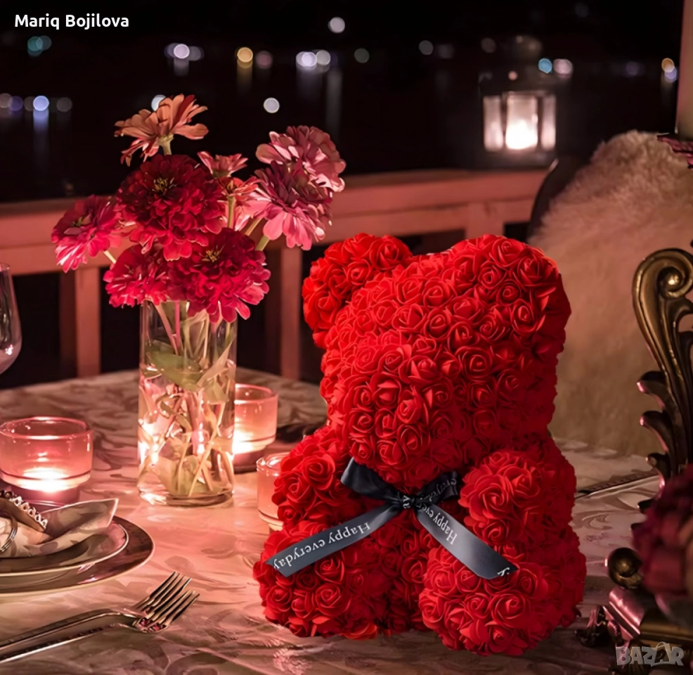 Плюшено мече с LED рози - подарък за мама, момиче, баба - комплект вечни рози 25 см, снимка 1