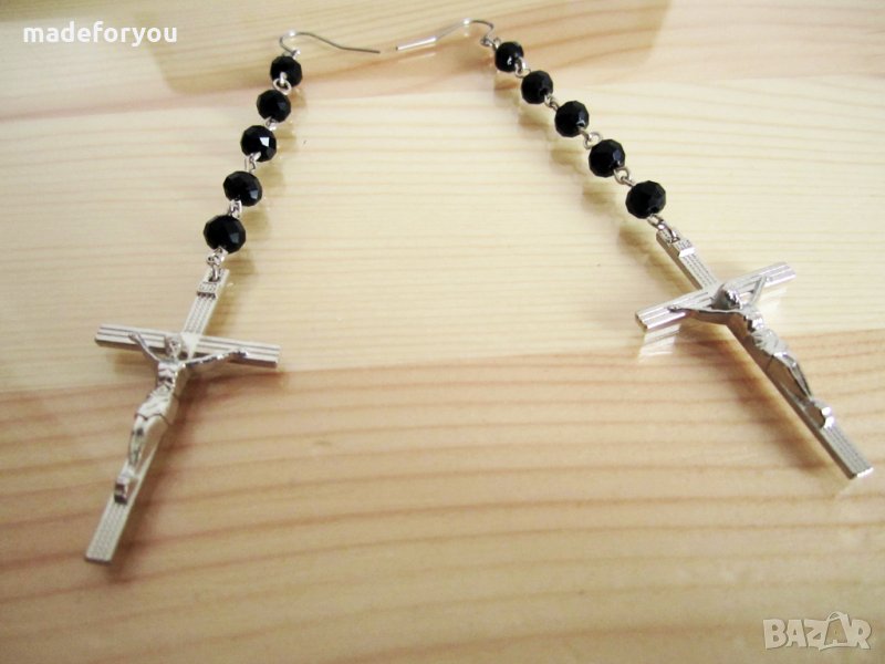 Обеци,обици,кръст,кръстче,разпятие и черни фасетирани кристали и кукички пинчета от стомана, снимка 1