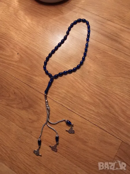 Старинна османска броеница, молитвена броеница с тугра, тугри  и 33 сини  турска броеница , снимка 1