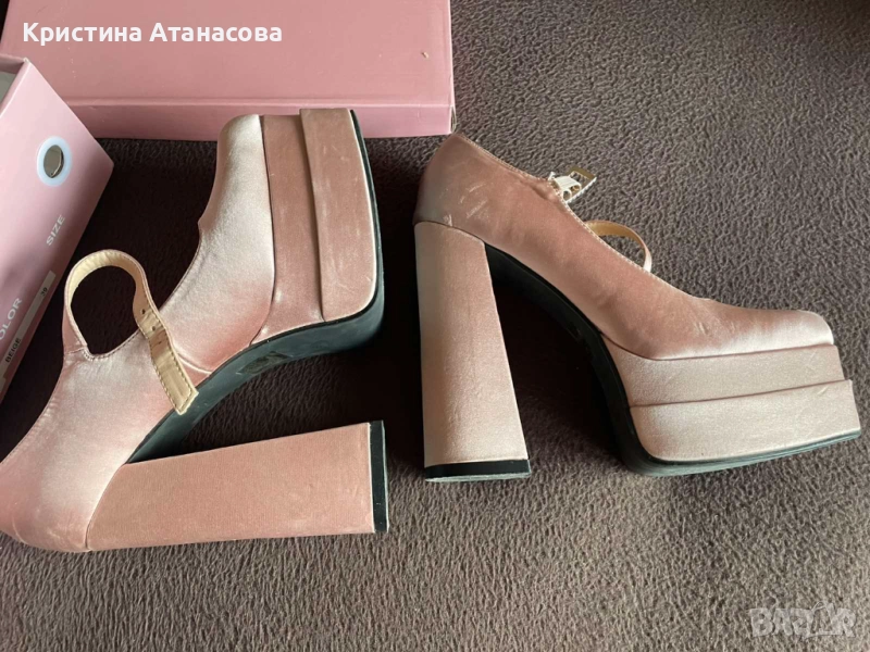 👠 Дамски обувки пудра - сатен 💎, снимка 1