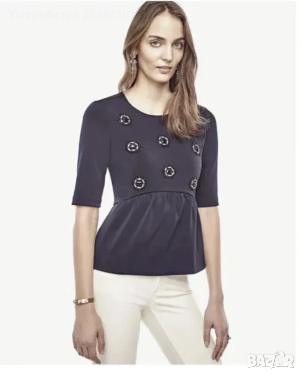 Тъмносиня плетена блуза с мъниста от Ann Taylor. Размер XL. Състояние: ново., снимка 1