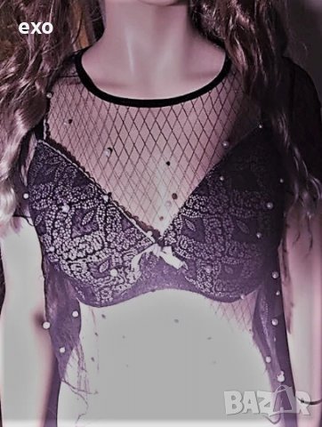 Черен топ с перли, Топ мрежа с перли, снимка 2 - Корсети, бюстиета, топове - 39855954